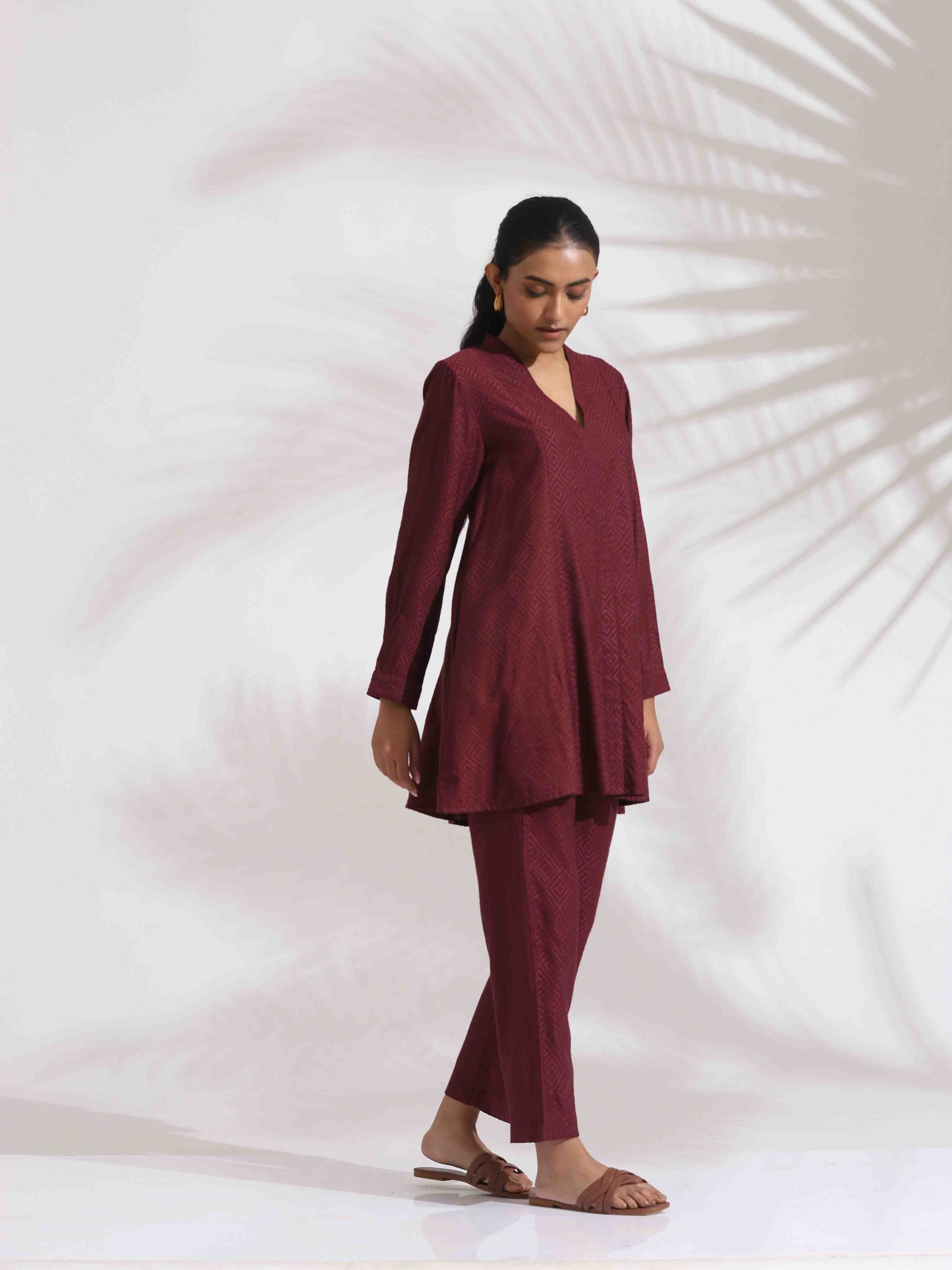 trueBrowns Maroon Dobby Co-ord Set - Swadesiicart