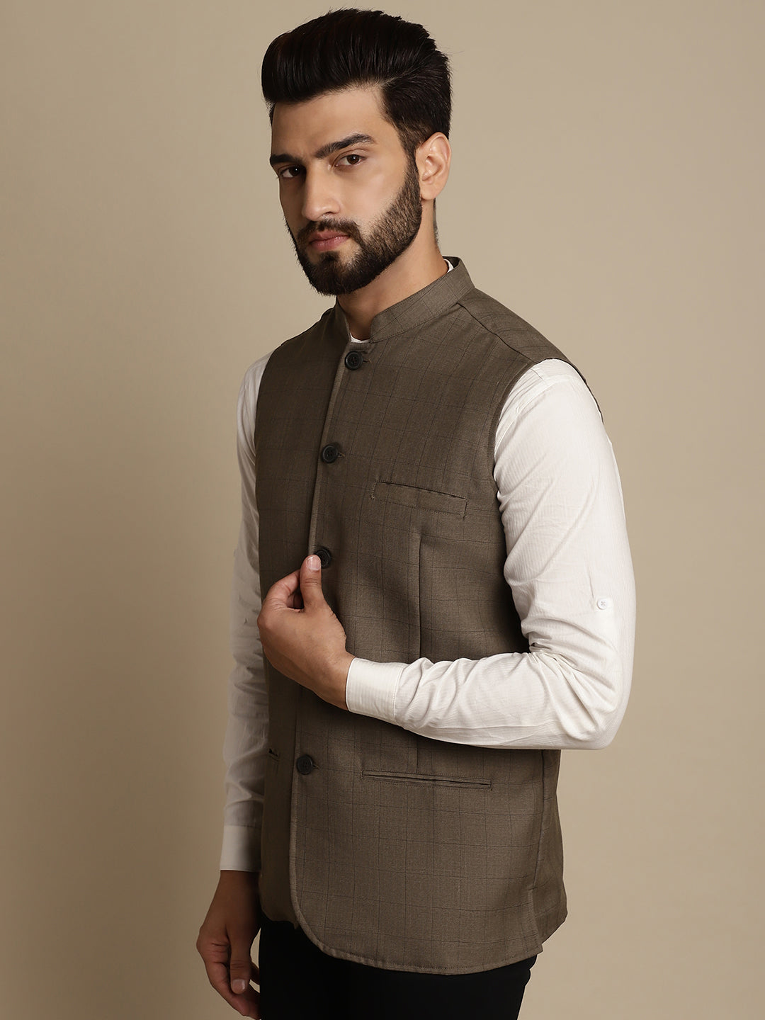 Even Apparels Men's Brown Mandarin Collar Waistcoat | Swadesiicart