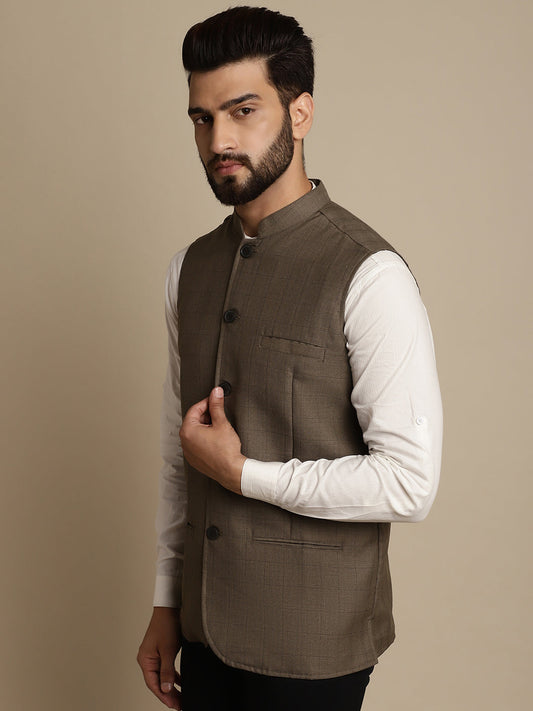 Even Apparels Men's Brown Mandarin Collar Waistcoat | Swadesiicart