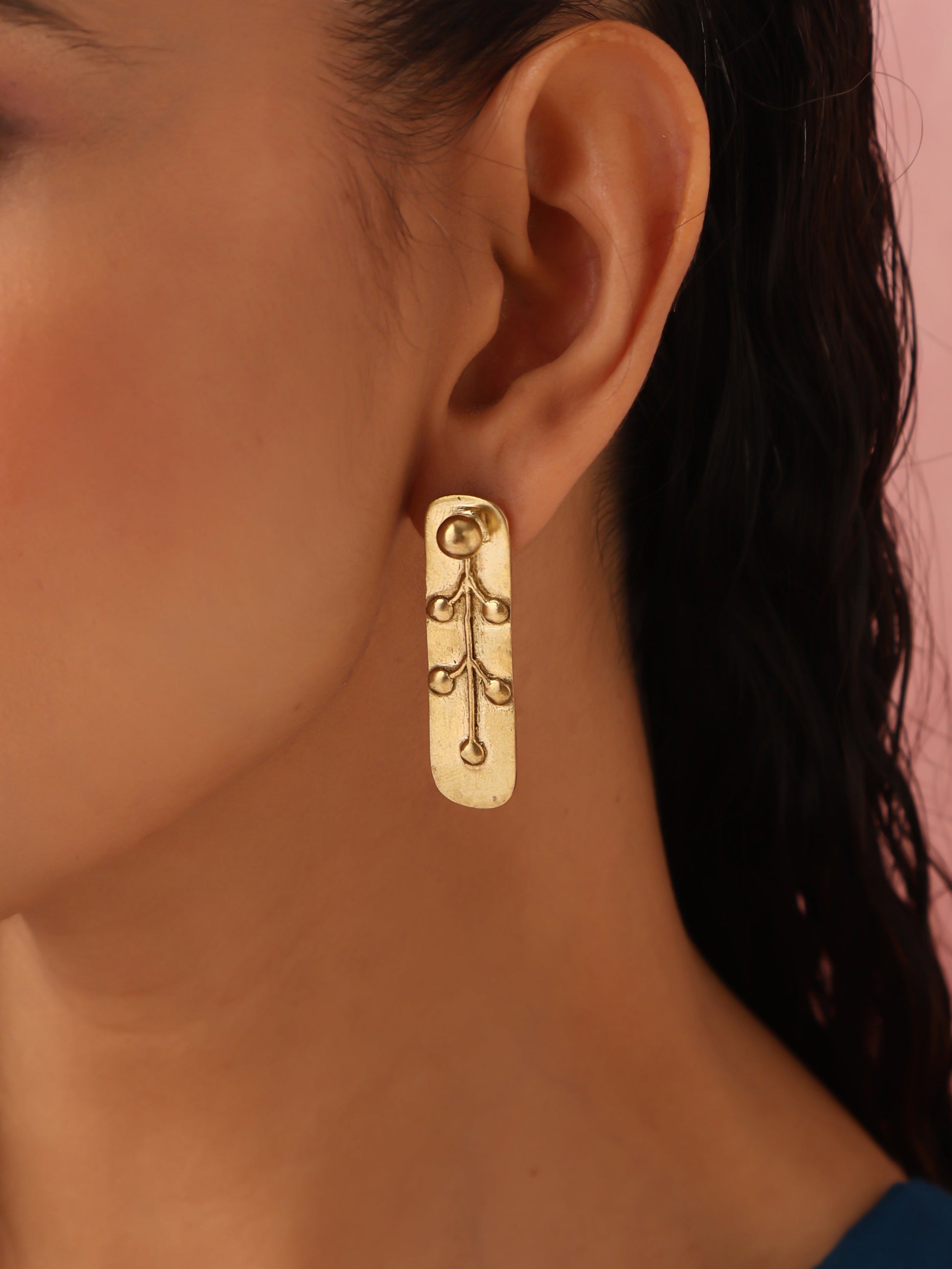 trueBrowns Brass Embossed Rectangular Earrings - Swadesiicart