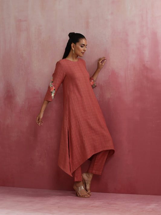 trueBrowns Peach Cotton Dobby Kurta Set | Swadesiicart