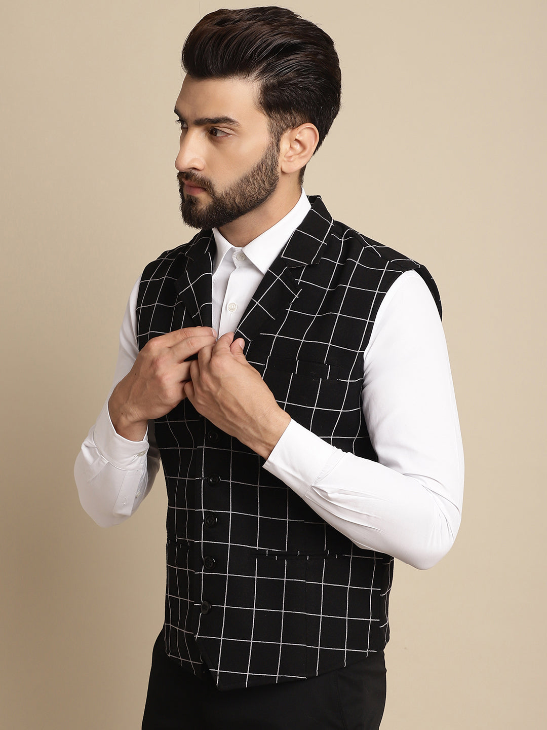 Even Apparels Men's Black Wool Waistcoat with Notched Lapel | Swadesiicart