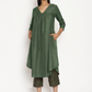 trueBrowns Cotton Linen Light Green Gathered Kurta Pant Set | Swadesiicart