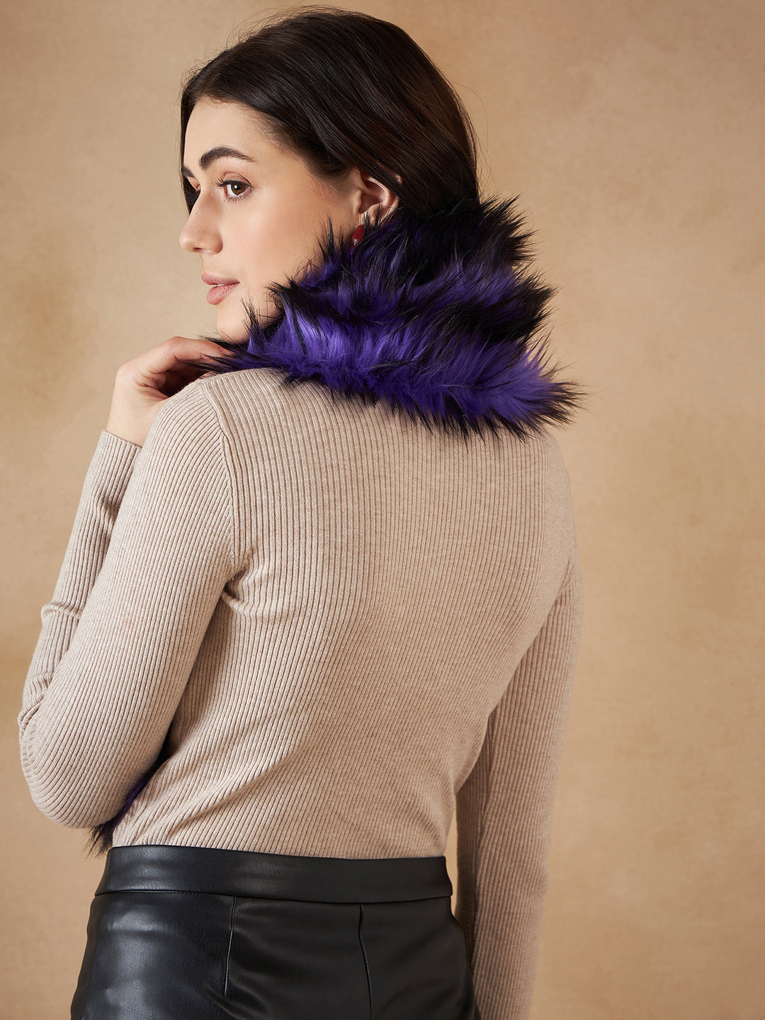InWeave Women's Purple Black Faux Fur Neck Warmer - Swadesiicart