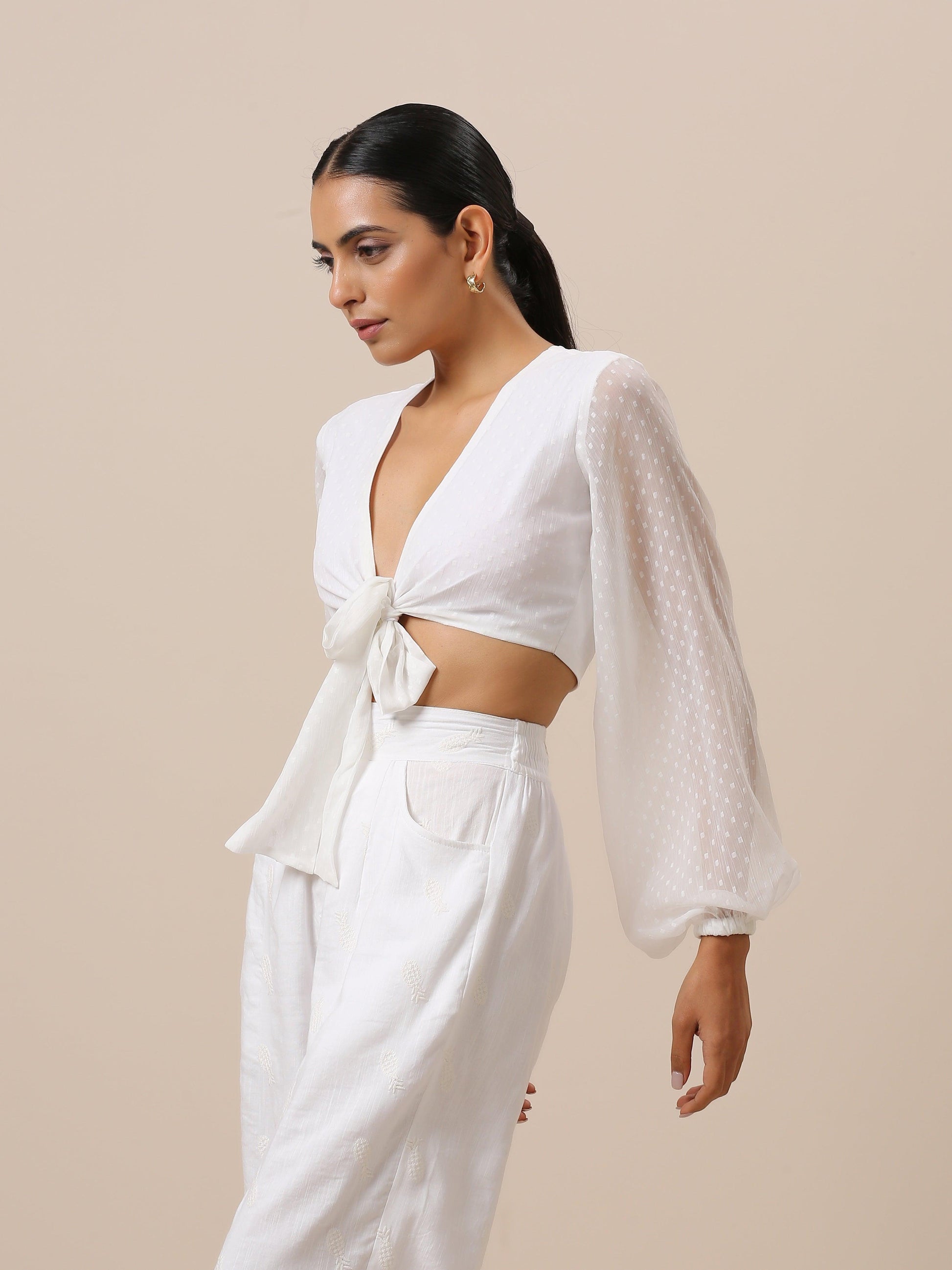 trueBrowns Chiffon White Dobby Tie Up Top | Swadesiicart
