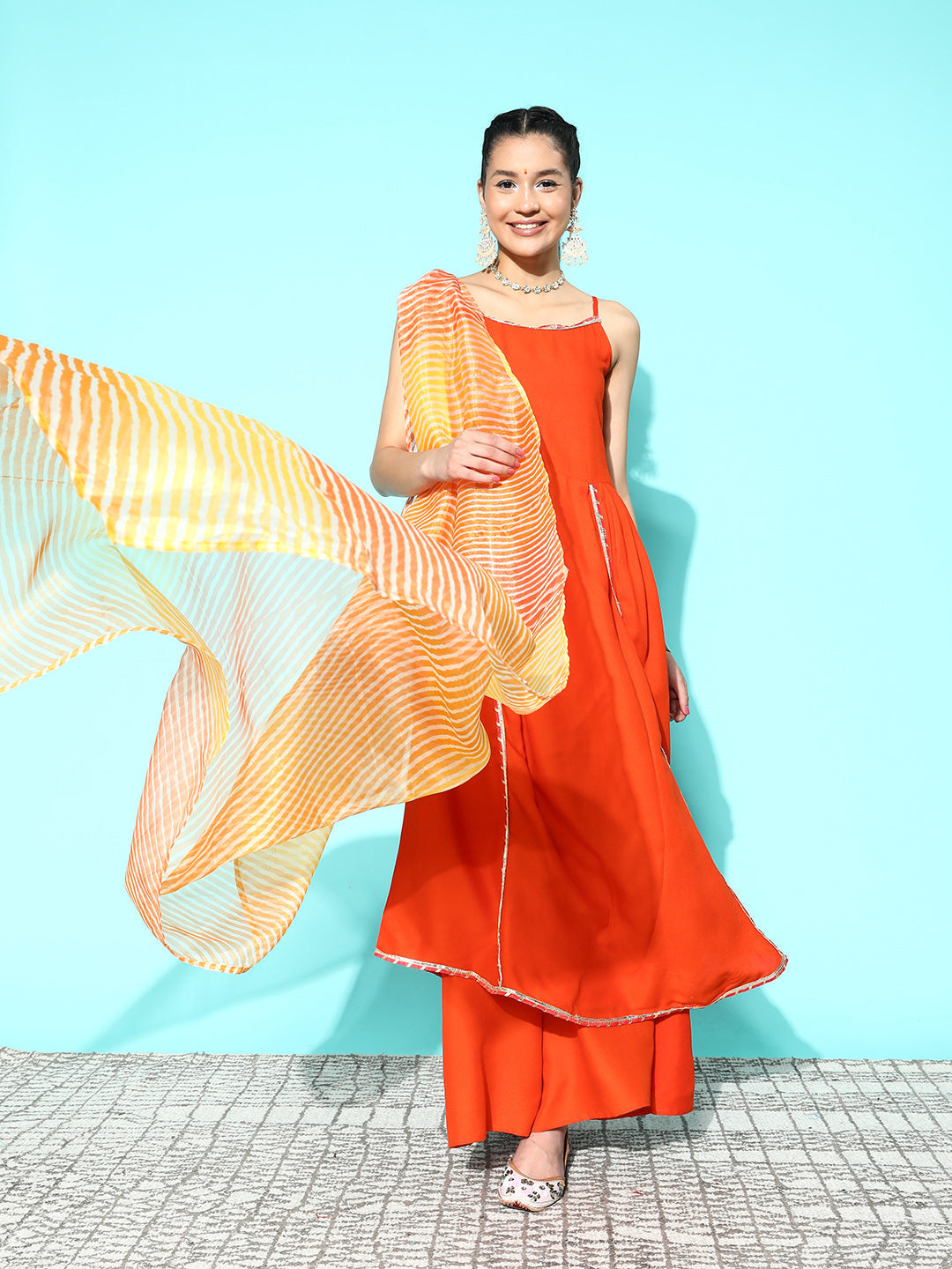 InWeave Women's Orange Red Gota Strappy Set With Orange Leh Dupatta - Swadesiicart