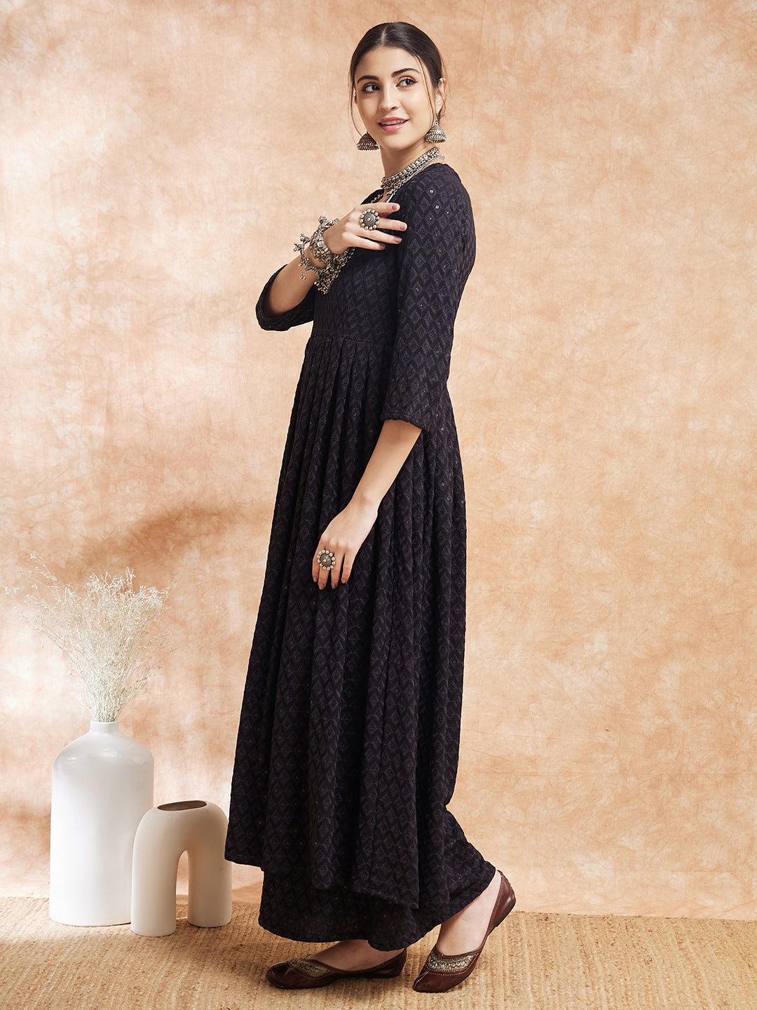 InWeave Women's Black Chikankari Long Anarkali Kurta Sharara Set - Swadesiicart