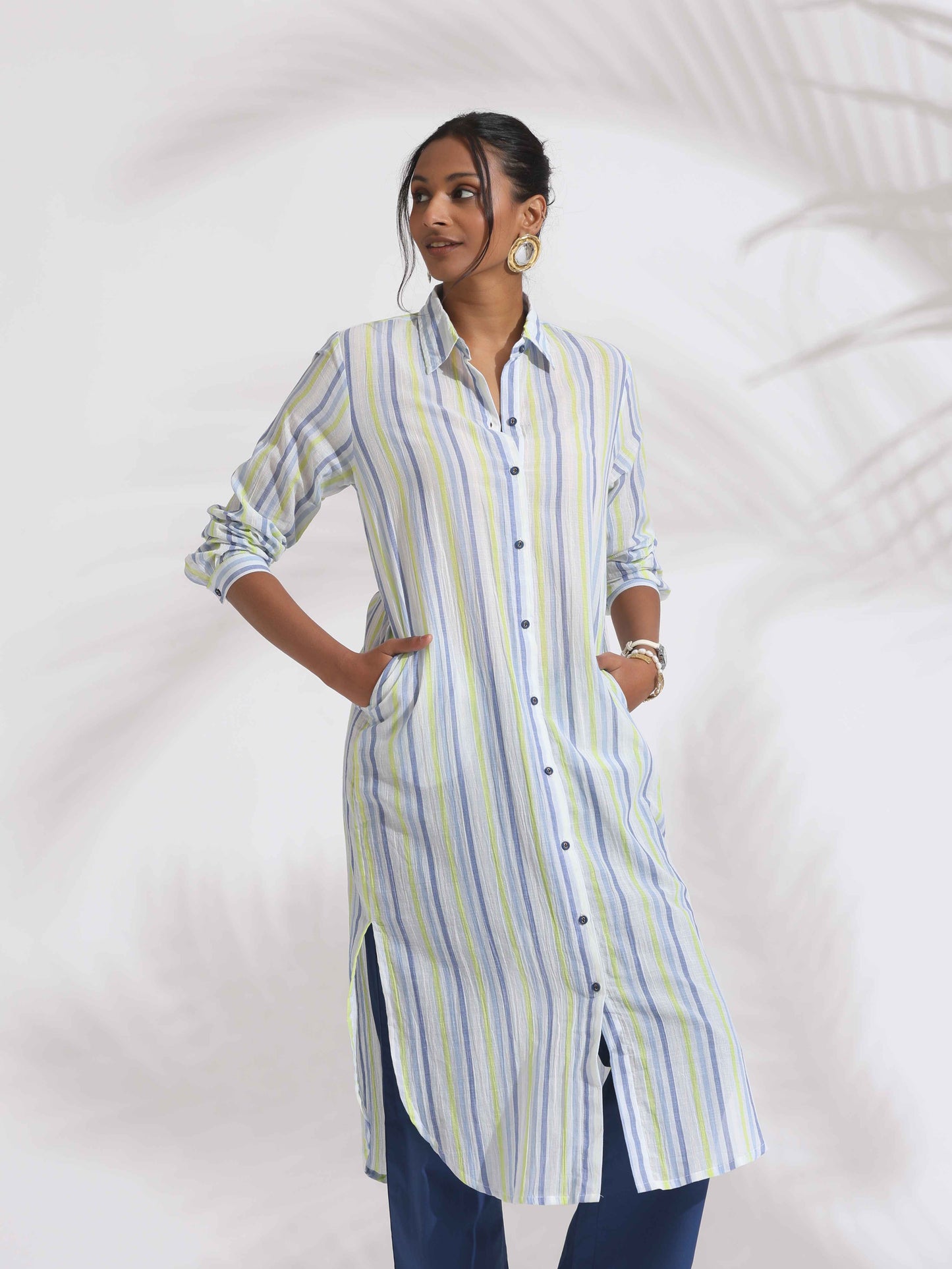 trueBrowns White Cotton Multi Stripe Shirt Kurta Set | Swadesiicart