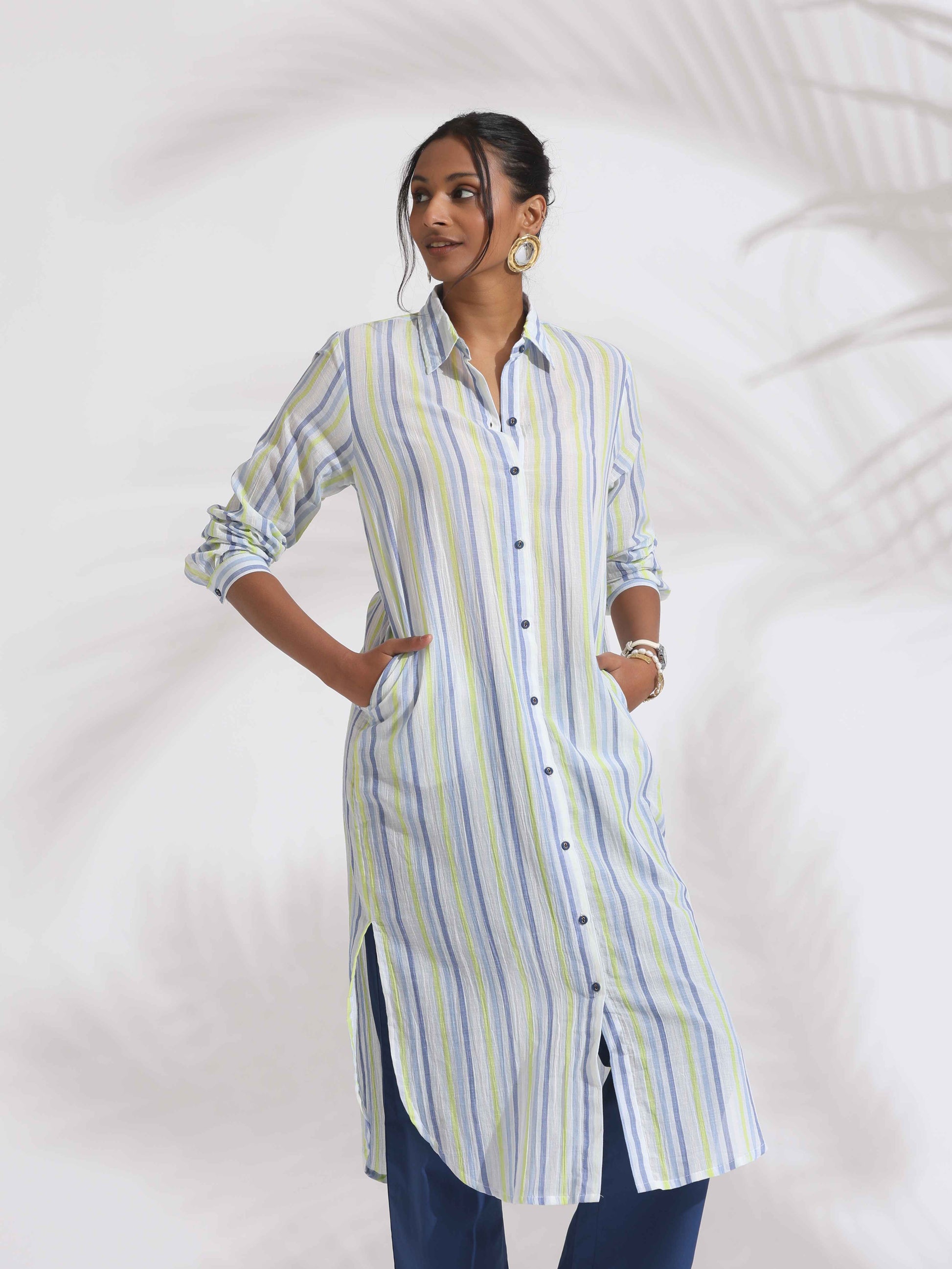 trueBrowns White Cotton Multi Stripe Shirt Kurta Set | Swadesiicart