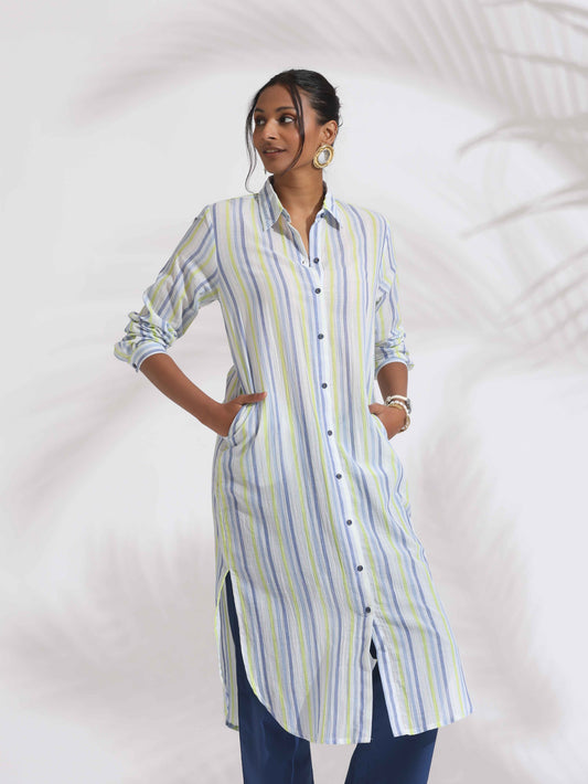 trueBrowns White Cotton Multi Stripe Shirt Kurta Set | Swadesiicart