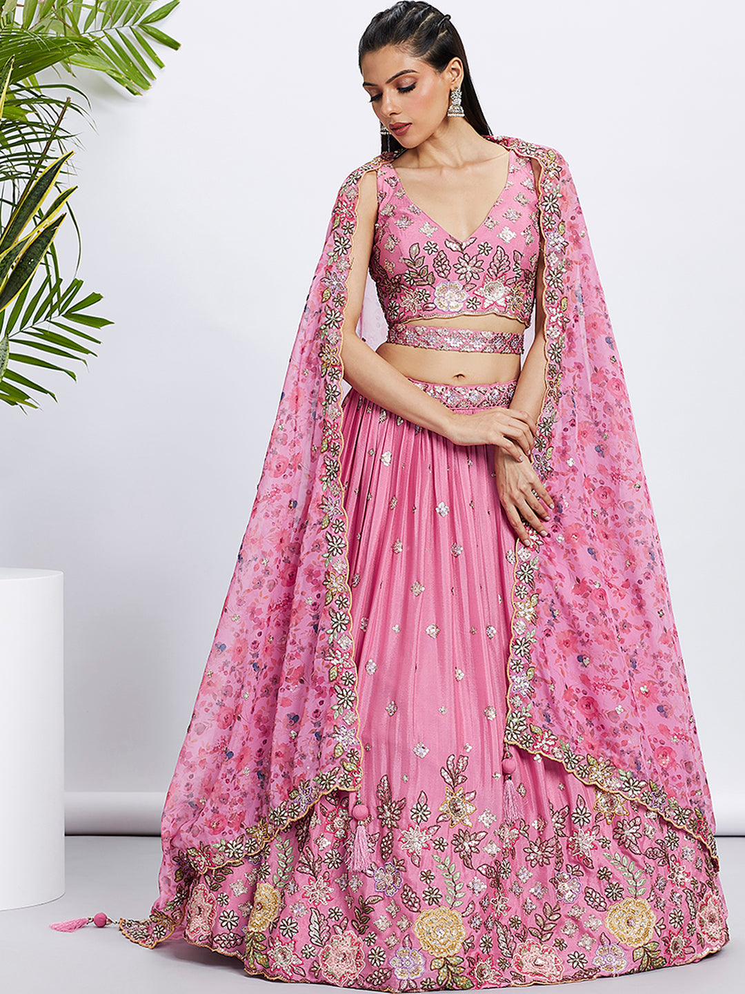 House of Panchhi Lime Green Chiffon Sequins And Thread Embroidery Lehenga Choli & Dupatta | Swadesiicart