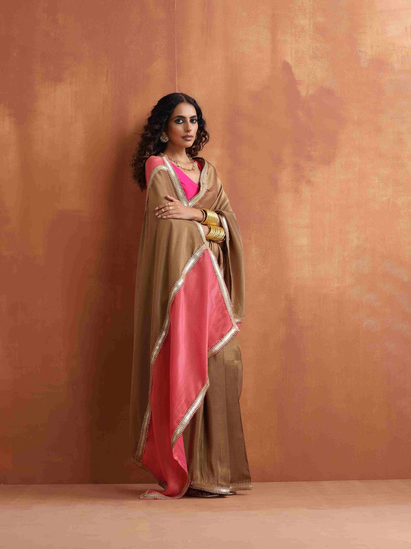 trueBrowns Bronze Tissue Ready To Wear Saree | Swadesiicart