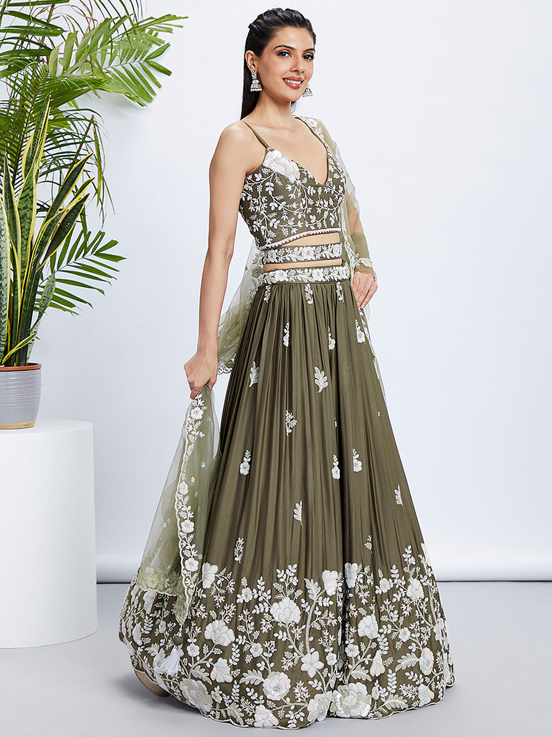 House of Panchhi Teal - Georgette Sequins, Mirror And Thread Embroidery Lehenga Choli | Swadesiicart