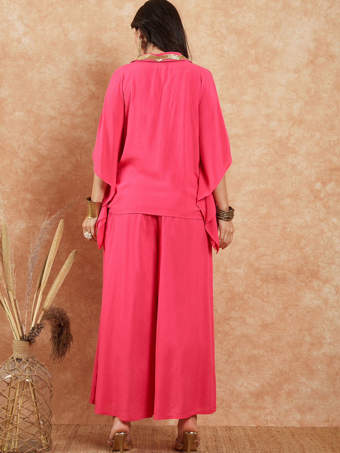 InWeave Women's Fuchsia Solid Collar Neck Boho Top Bottom Set - Swadesiicart