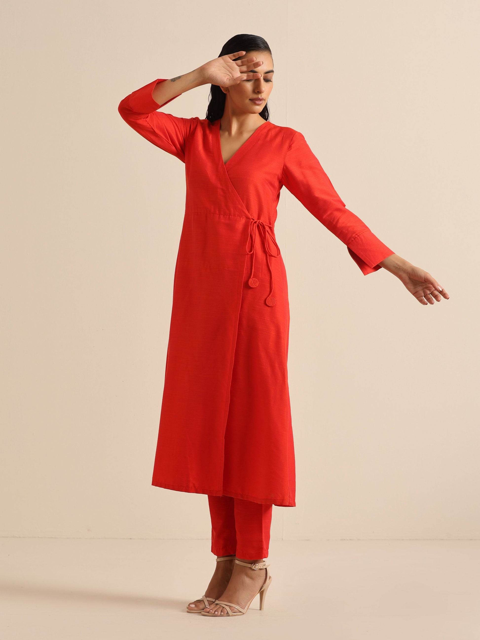 trueBrowns Orange Dupion Blend Angrakha Kurta Pant Set | Swadesiicart
