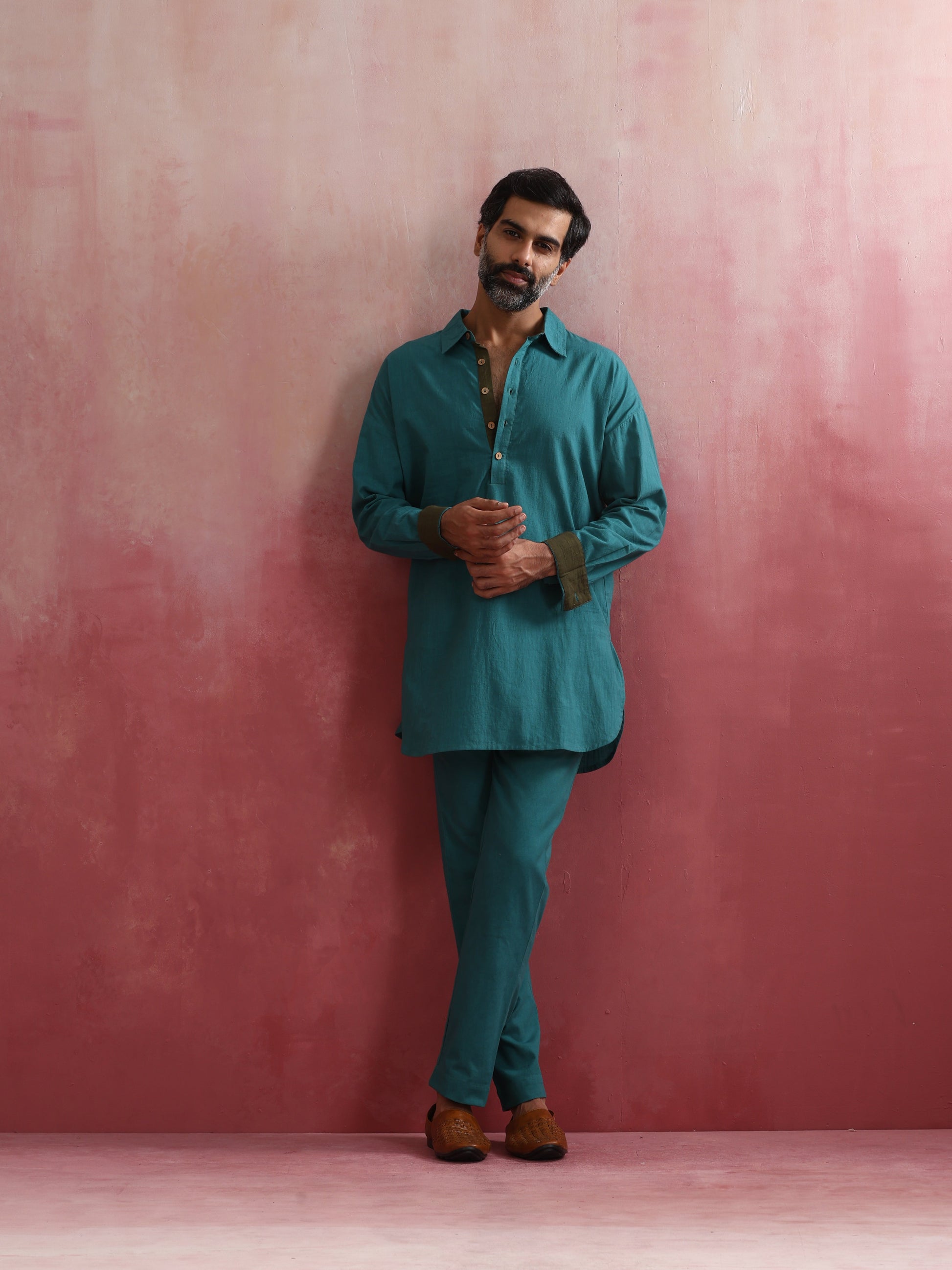 trueBrowns Men's Teal Cotton Shirt Collar Stylized Kurta Co-ord set - Swadesiicart