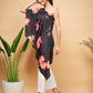 InWeave Women's Black Red Big Flower One Shoulder Kurta - Swadesiicart