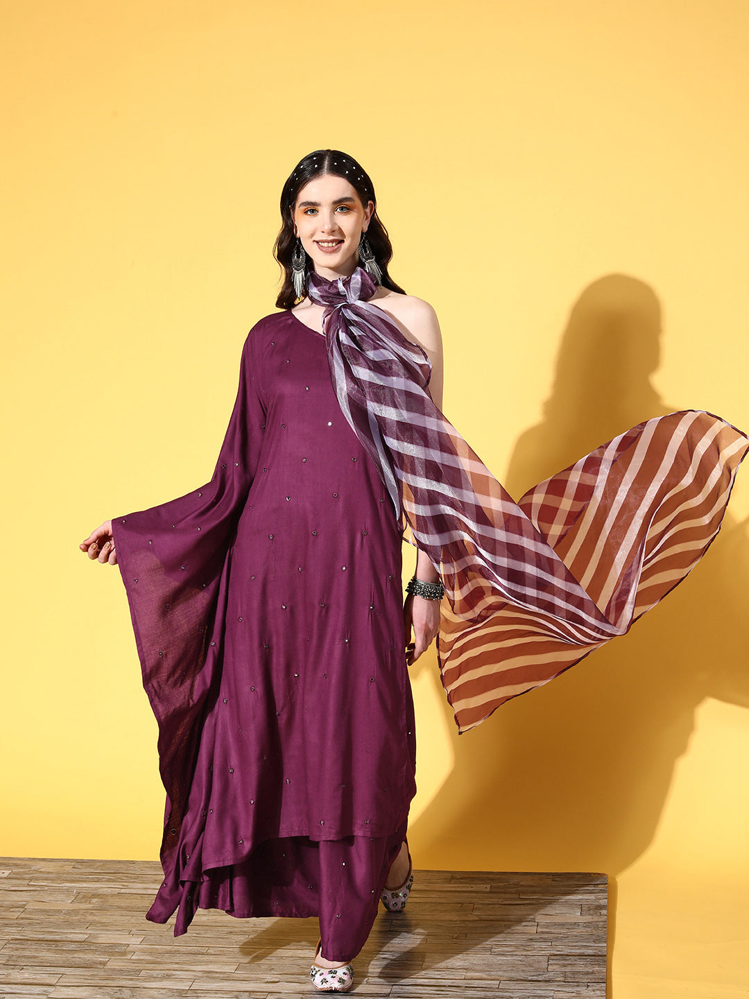 InWeave Women's Wine Mirror Work One Shoulder Kurta Set With Dupatta - Swadesiicart