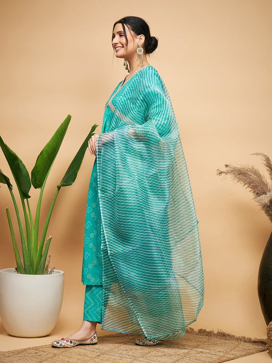 InWeave Women's Aqua S Print Alia Cut Gota Work Kurta Set W Aqua Le Du - Swadesiicart