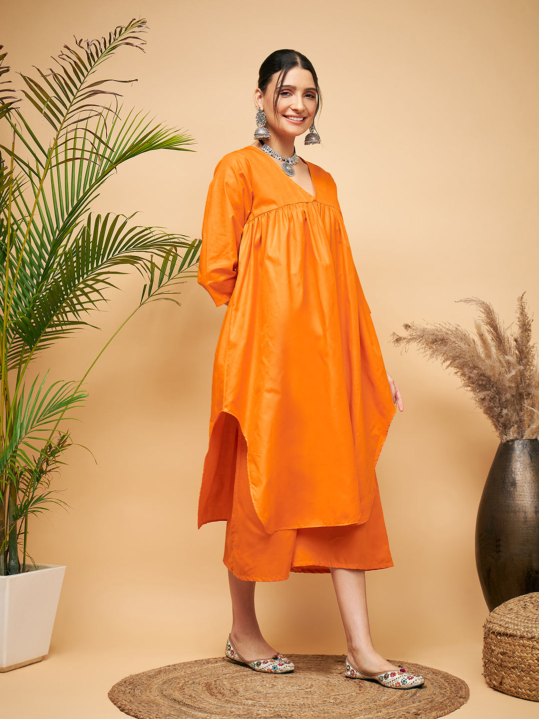 InWeave Women's Orange Flared Kurta Palazzo Set - Swadesiicart