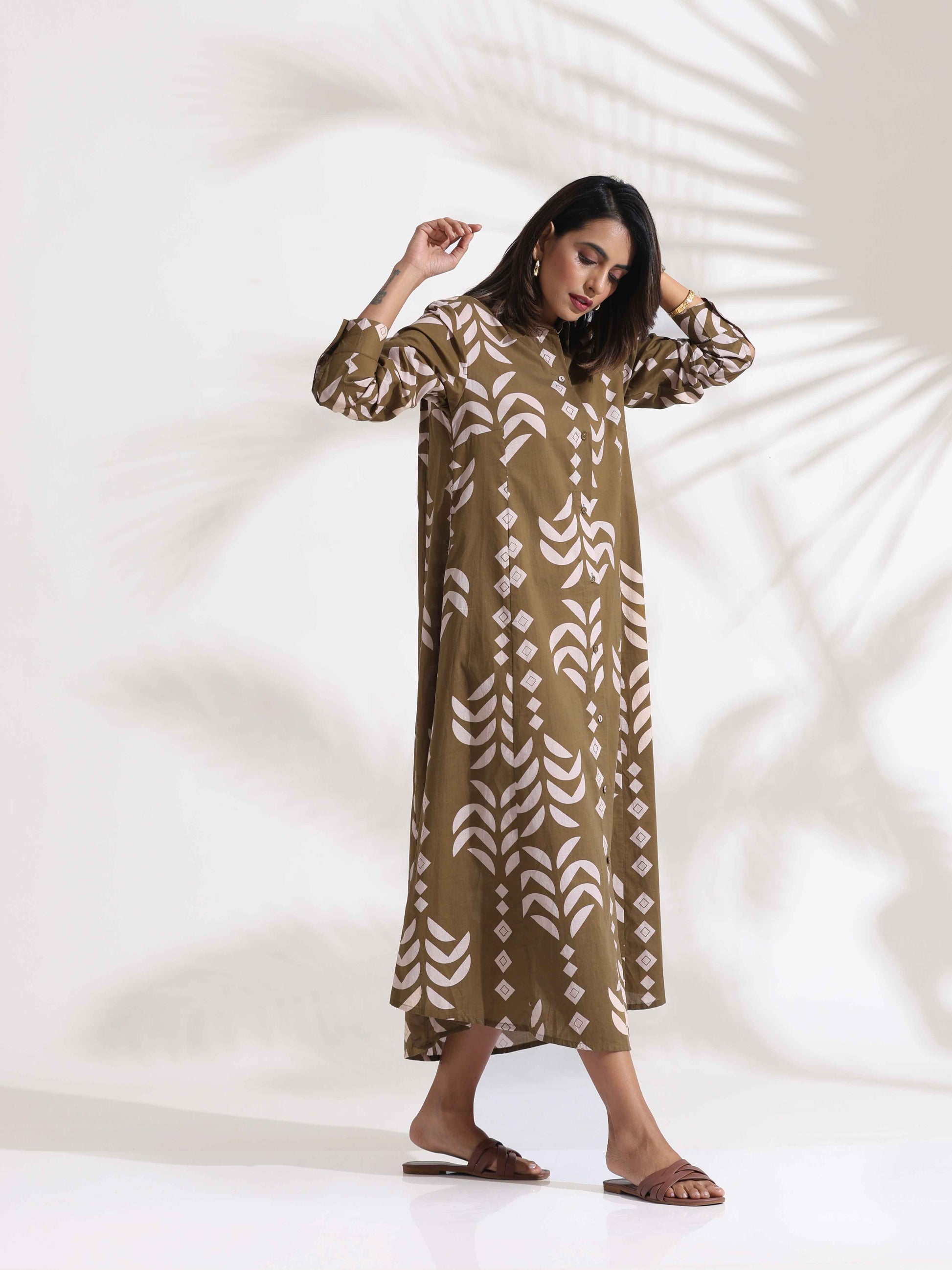 trueBrowns Olive Green Cotton Print Shirt Dress | Swadesiicart