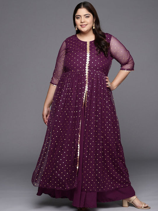 Ahalyaa Plus Size Round neck Net Maxi Ethnic Dress | Swadesiicart
