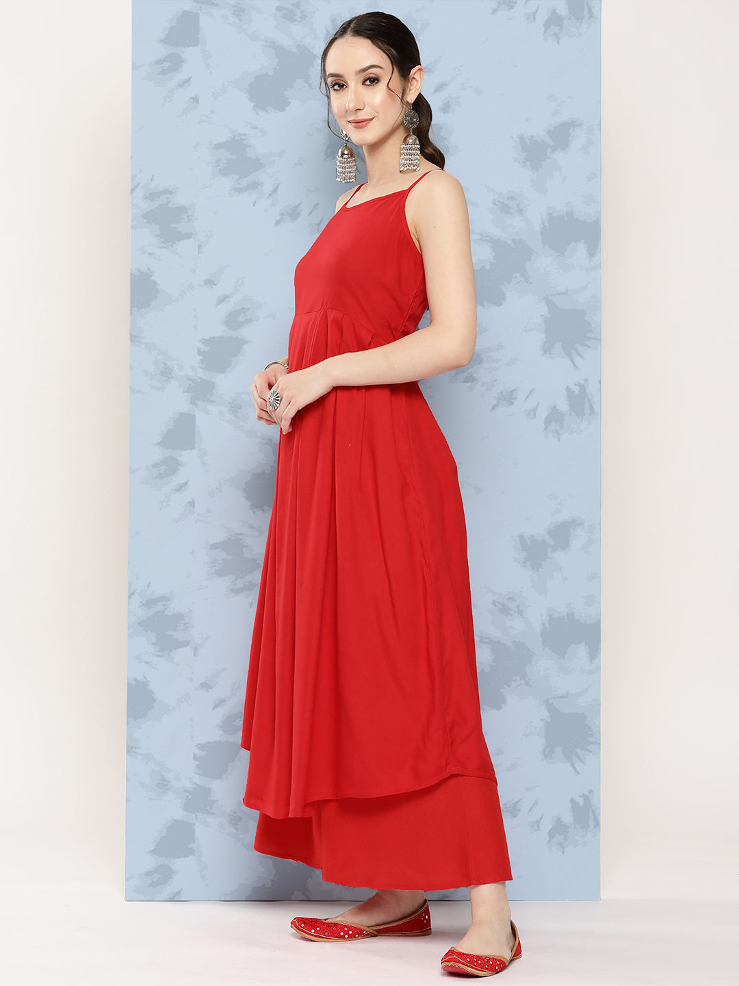 InWeave Women's Red Strappy Set W Navy Pink Lotus Cr Duptta - Swadesiicart