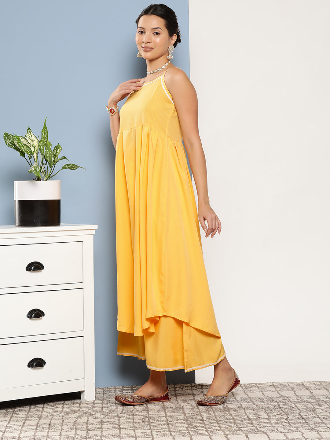 InWeave Women's Cassatta Yellow Cr Strappy Set With Rose Print Dupatta - Swadesiicart