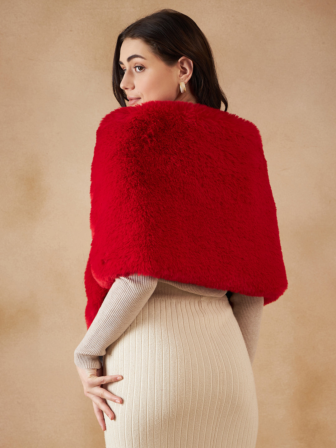 InWeave Women's Cherry Red Long Faux Fur Cape - Swadesiicart