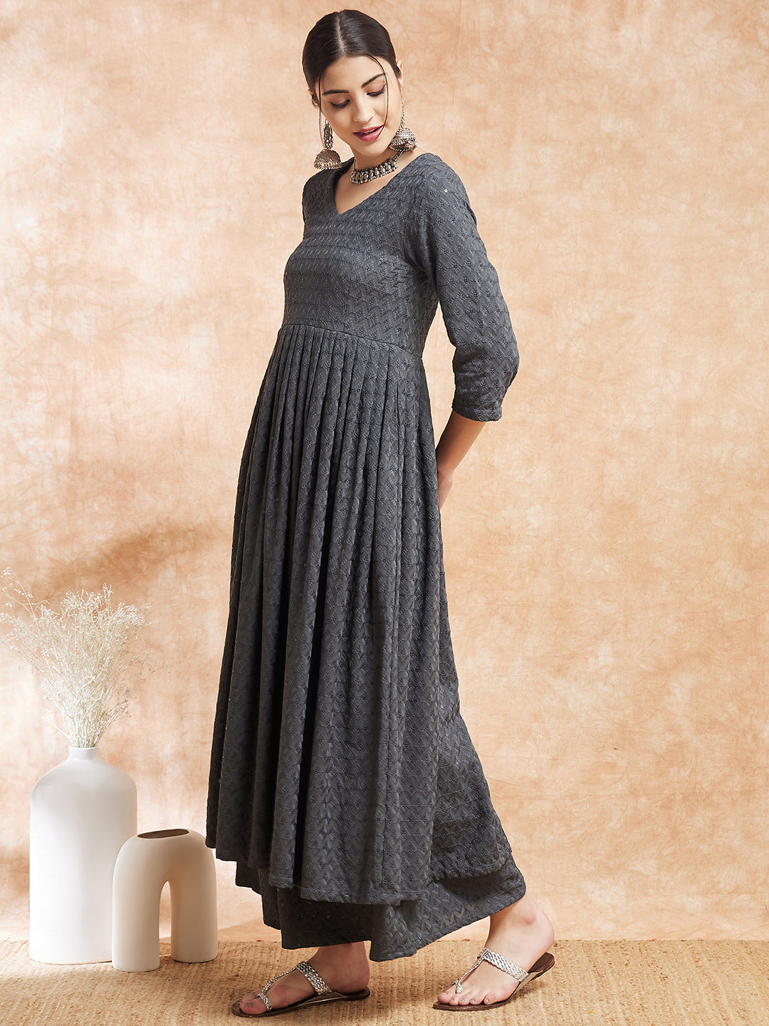 InWeave Women's Grey Chikankari Long Anarkali Kurta Sharara Set - Swadesiicart