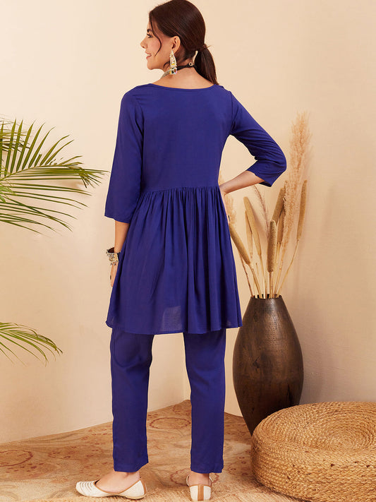 InWeave Women's Blue Round Neck Square Gota Work Kurta Pant Set - Swadesiicart