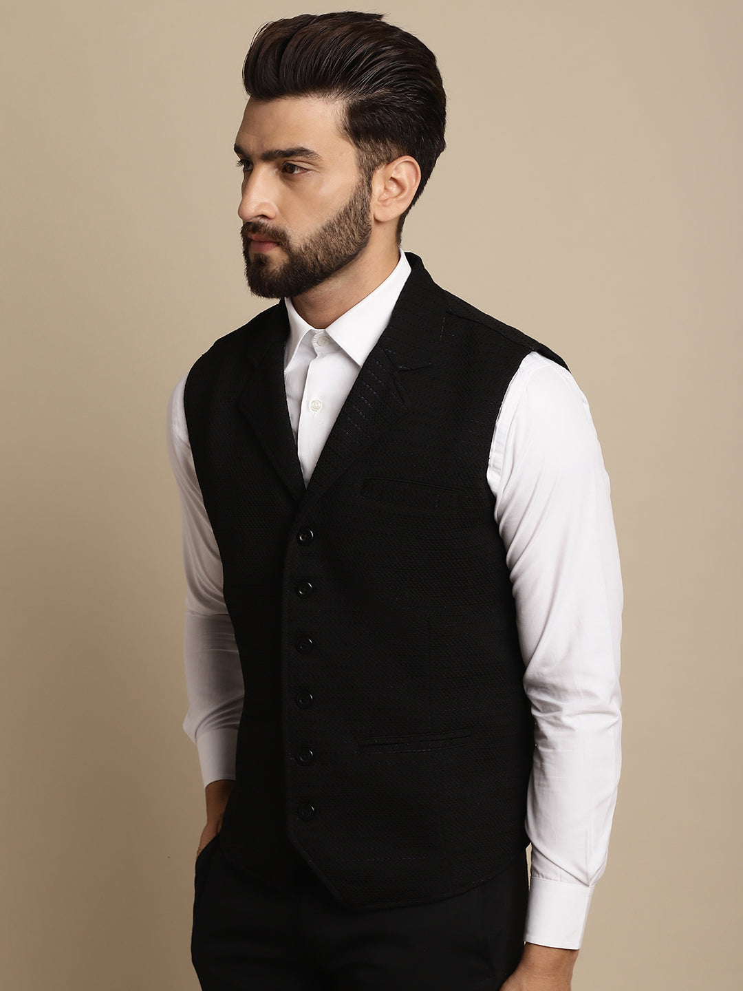 Even Apparels Men's Black Waistcoat with Notched Lapel | Swadesiicart