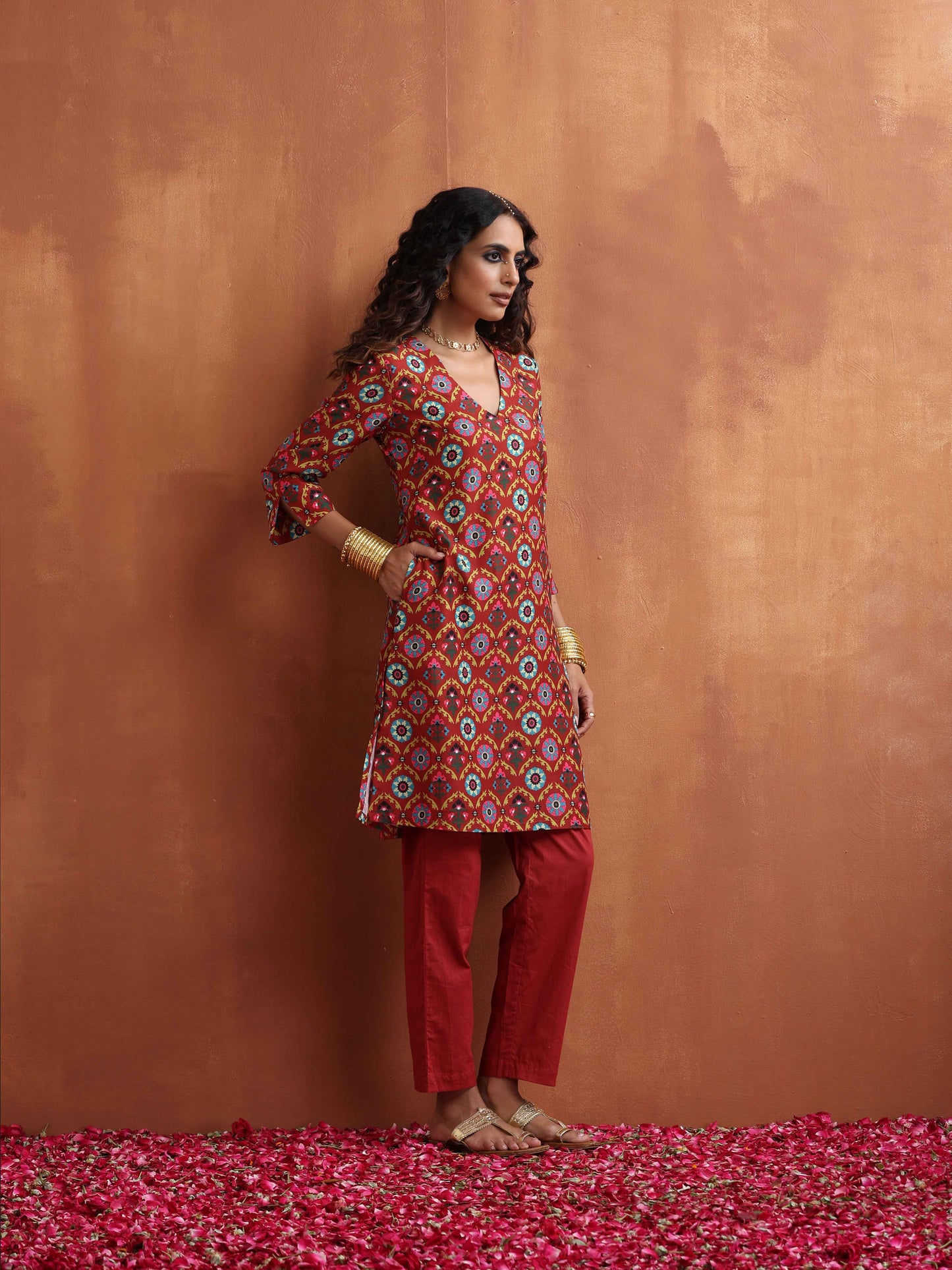 trueBrowns Rust Print Kurta Co-ord Set - Swadesiicart
