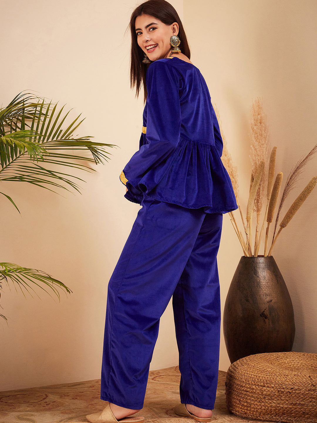 InWeave Women's Royal Blue Mughal Shaan Style Velvet Short Kurta Set - Swadesiicart
