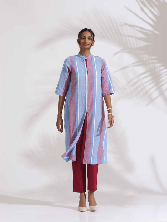 trueBrowns Blue Cotton Stripe Straight Kurta Set | Swadesiicart