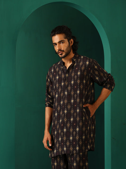 trueBrowns Men's Black Tonal Ikat Muslin Silk Printed Co-ord Set - Swadesiicart