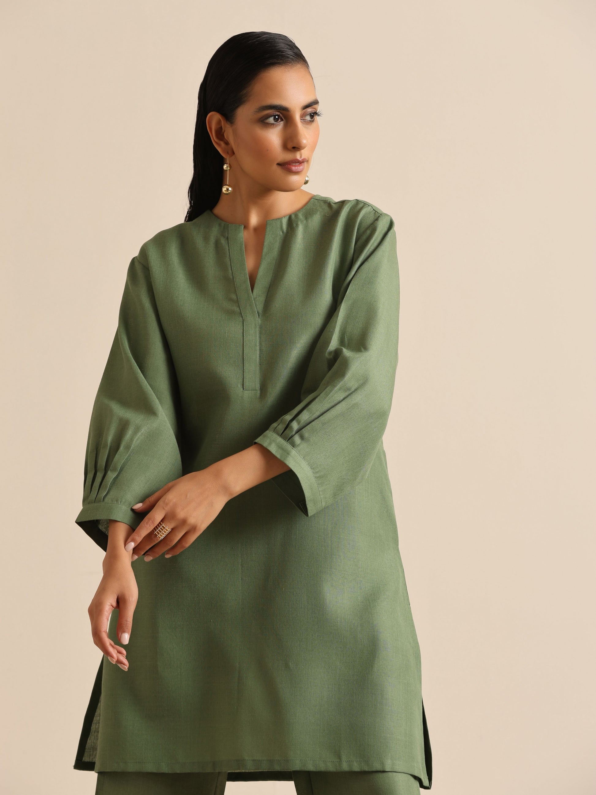 trueBrowns Olive Green Slub Relaxed Placket Co-Ord Set - Swadesiicart