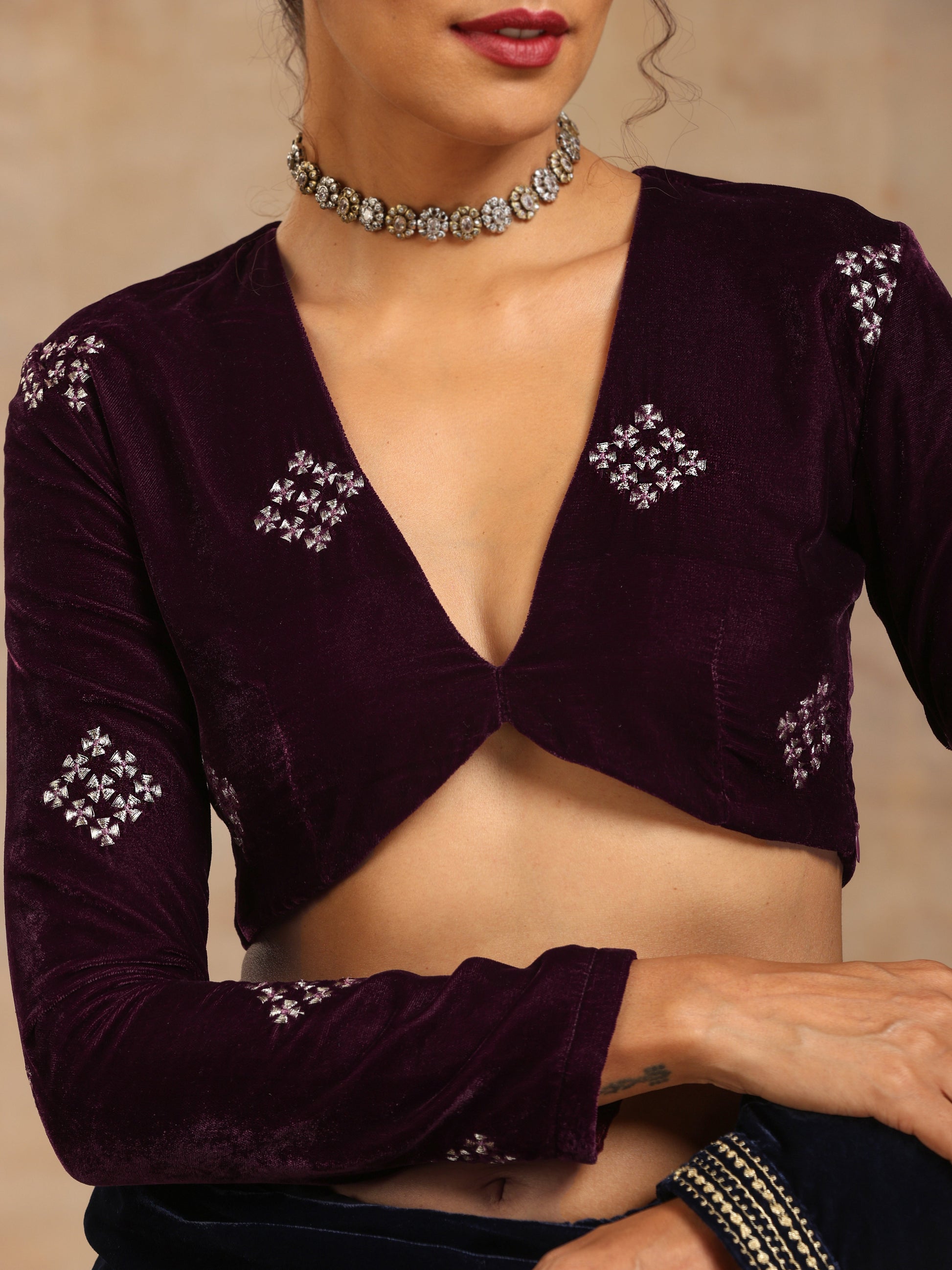trueBrowns Wine Velvet Embroidered Blouse | Swadesiicart