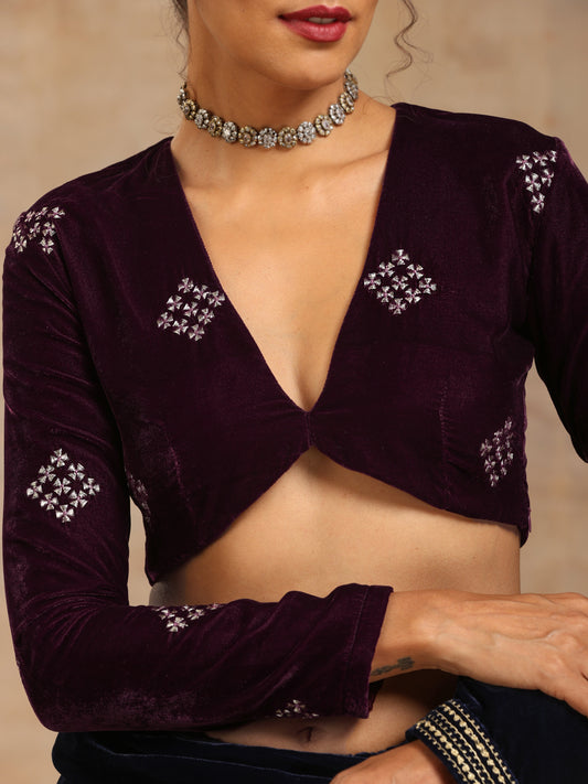trueBrowns Wine Velvet Embroidered Blouse | Swadesiicart
