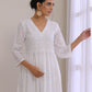 trueBrowns White Dobby High Slit Gathered Kurta Set | Swadesiicart