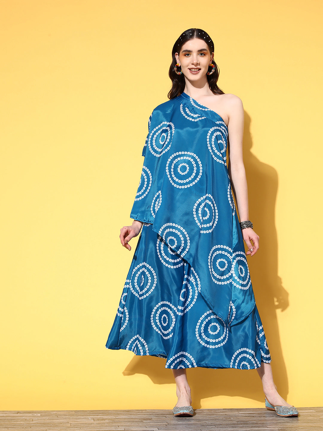 InWeave Women's Blue Bandhani Motif One Shoulder Palazzo Set - Swadesiicart