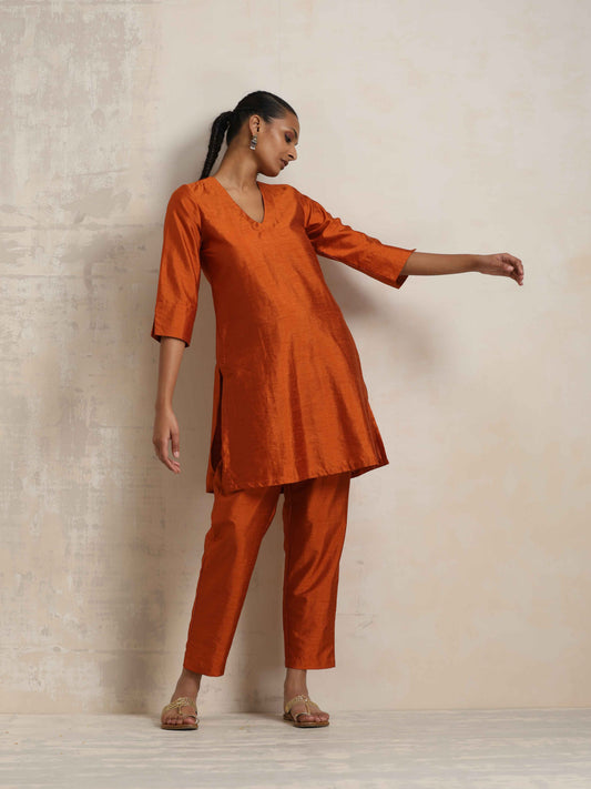 trueBrowns Orange Silk Kurta Co-ord Set - Swadesiicart