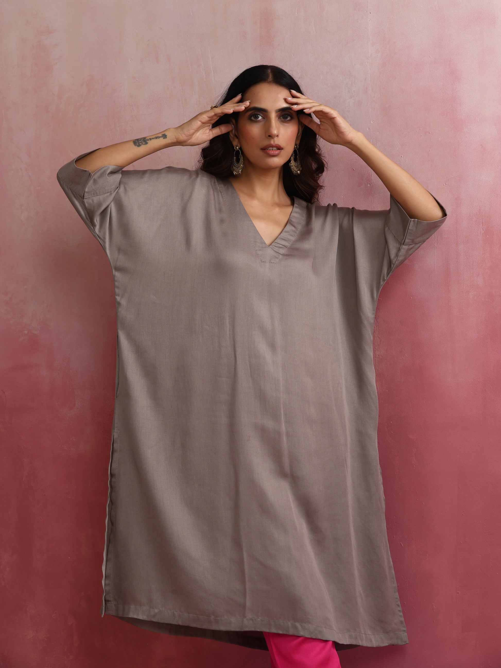 trueBrowns Grey Modal Kimono Kurta Set | Swadesiicart