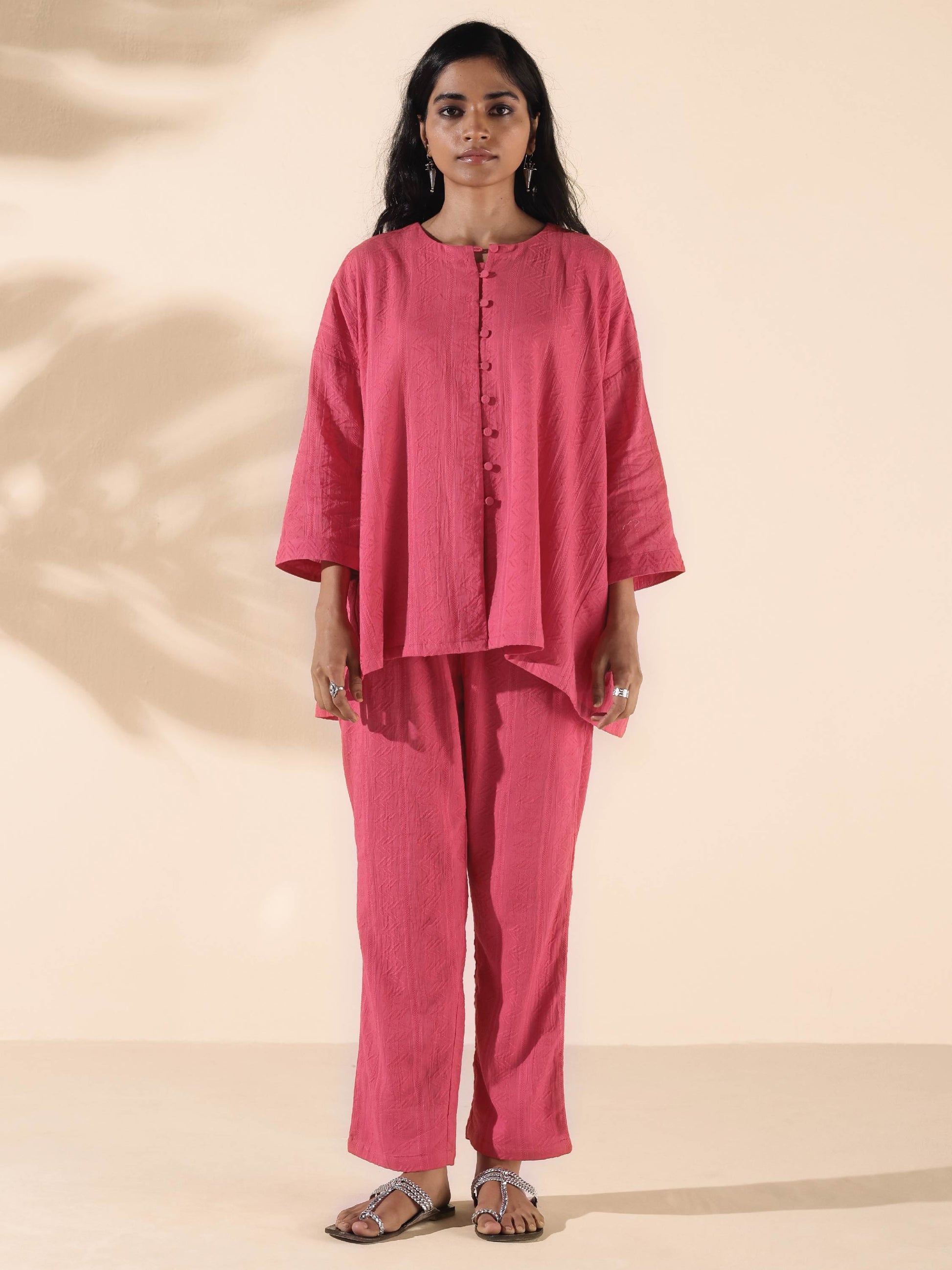 trueBrowns Pink Cotton Dobby Oversized Co-ord Set - Swadesiicart