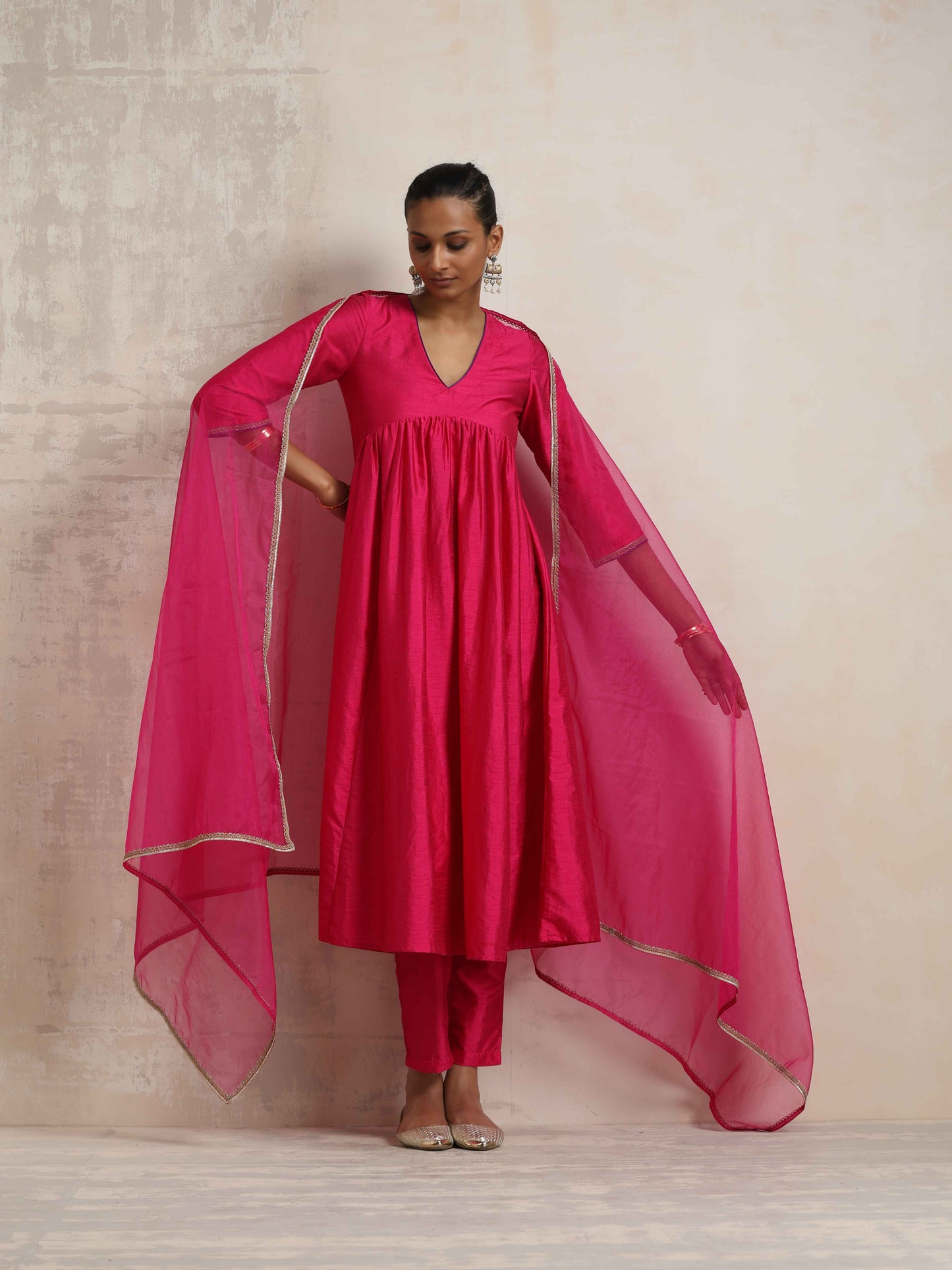 trueBrowns Pink Silk Anarkali Kurta Pant Dupatta Set | Swadesiicart