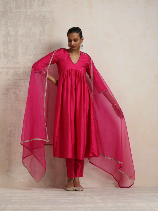 trueBrowns Pink Silk Anarkali Kurta Pant Dupatta Set | Swadesiicart