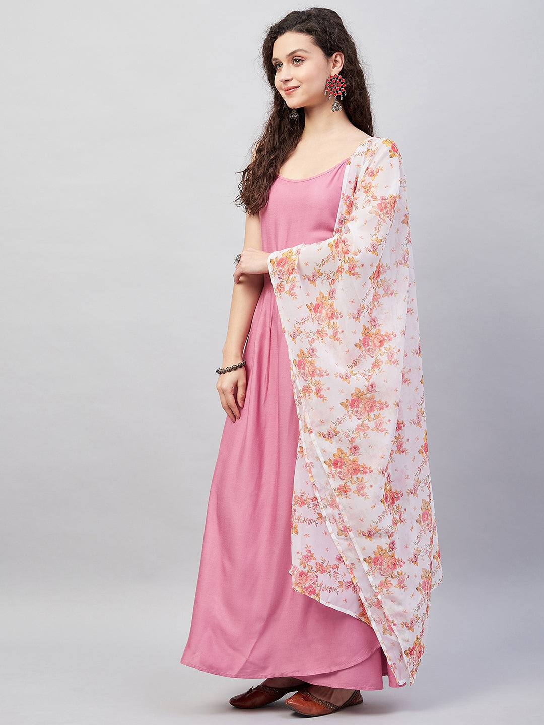 InWeave Women's Light Pink Strappy Set W Cream Orange Print Ge Dupatta - Swadesiicart