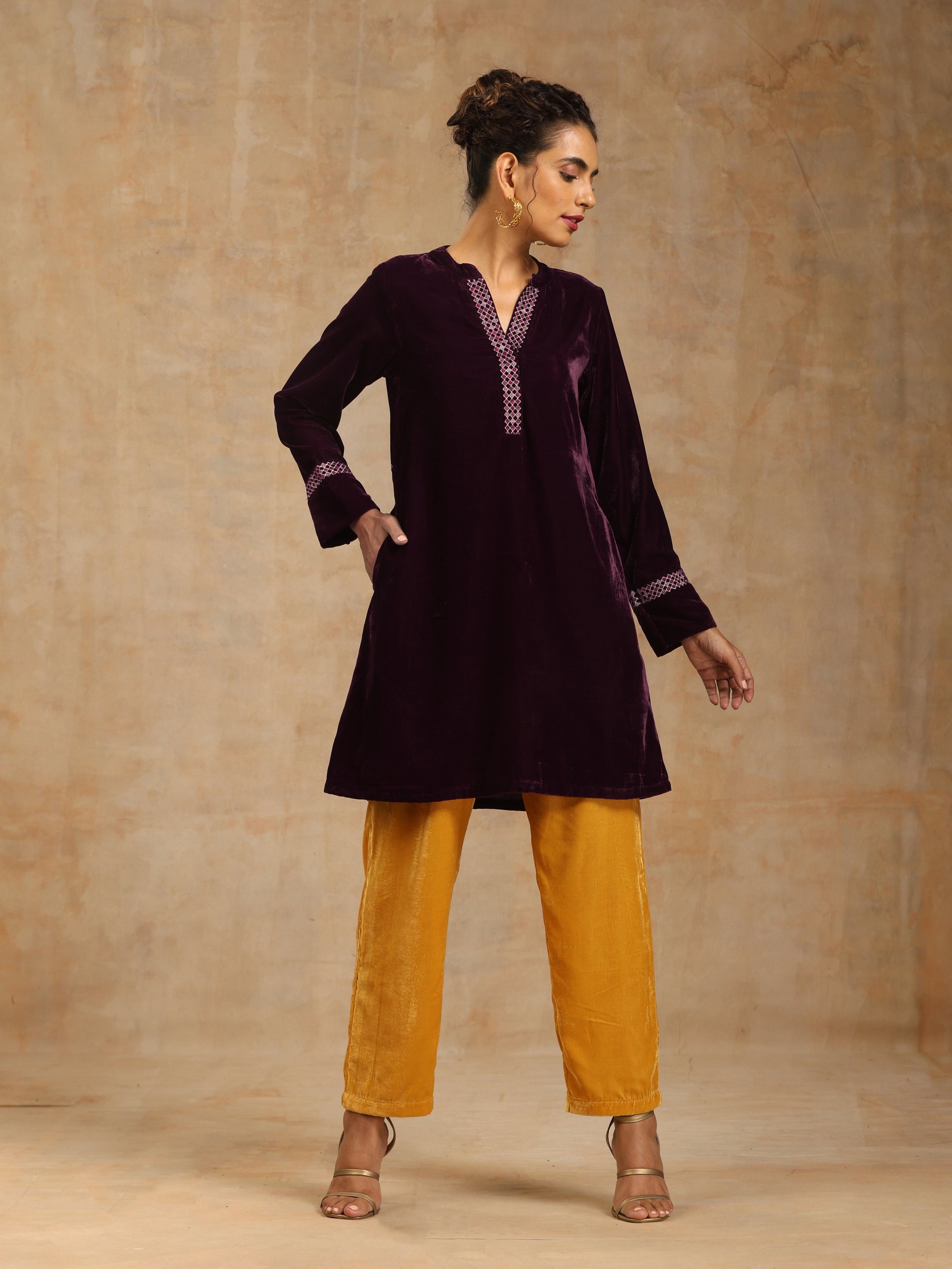 trueBrowns Wine Velvet Placket Embroidered Co-ord Set - Swadesiicart