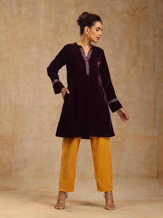 trueBrowns Wine Velvet Placket Embroidered Co-ord Set - Swadesiicart