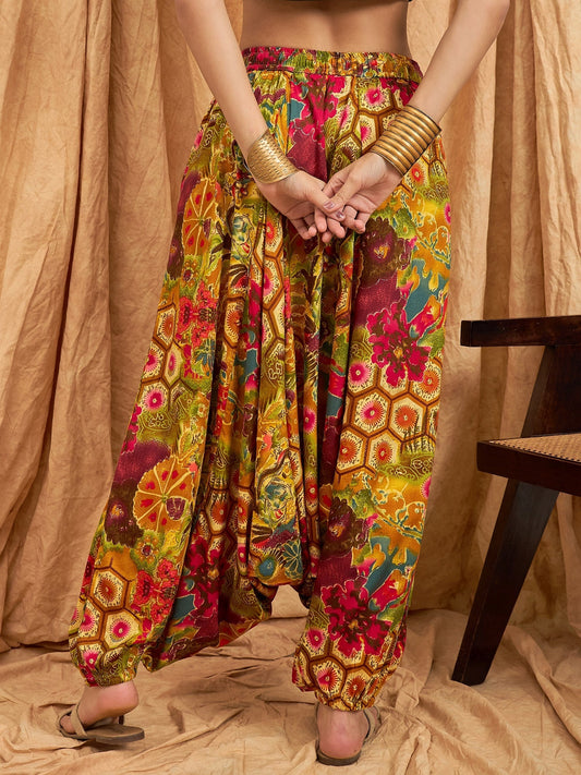 InWeave Mustard Multi Flower Harem Pant - Swadesiicart